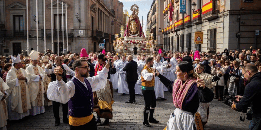 Explanada de la Almudena y Catedral durante las fiestas de la Almudena 2025 con fieles en la ofrenda floral