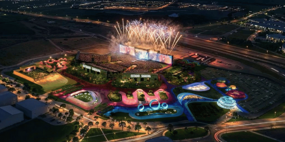 Vista aérea del nuevo Estadio Shakira en Villaverde, Madrid, con el Macondo Park de fondo durante la residencia artística Shakira en Madrid.